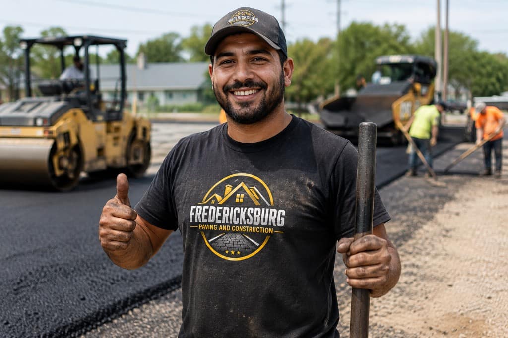 Fredericksburg Paving and Construction crew member giving a thumbs-up on an asphalt job site